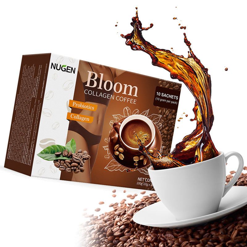 Pre-Order! Slimming Instant Coffee in Chocolate Flavor Neutral Taste Cream Bitter Sugar Glutenin Collagen Bloom White Powder Box Packaging