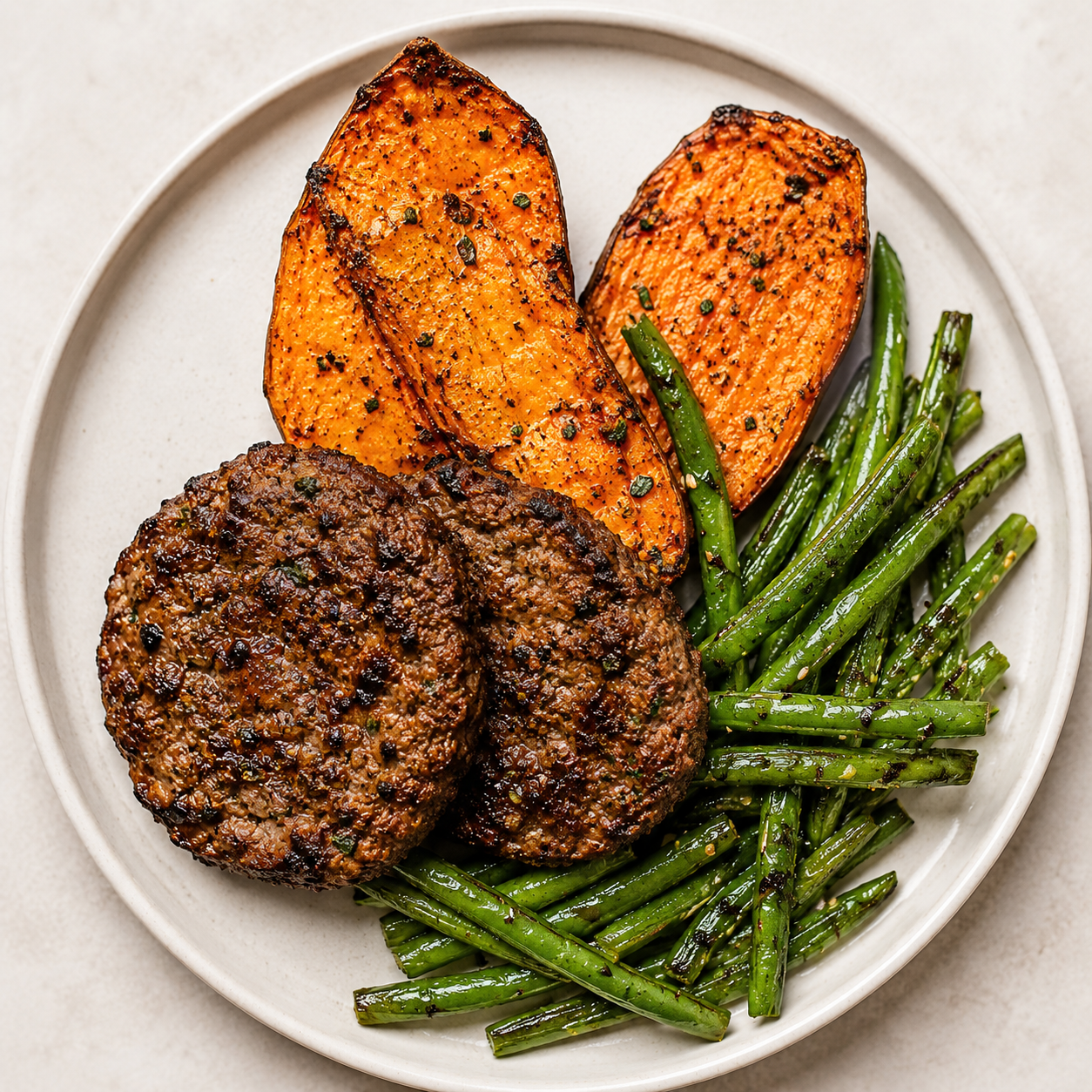 2x Burgers-String Beans-Sweet Potatoes