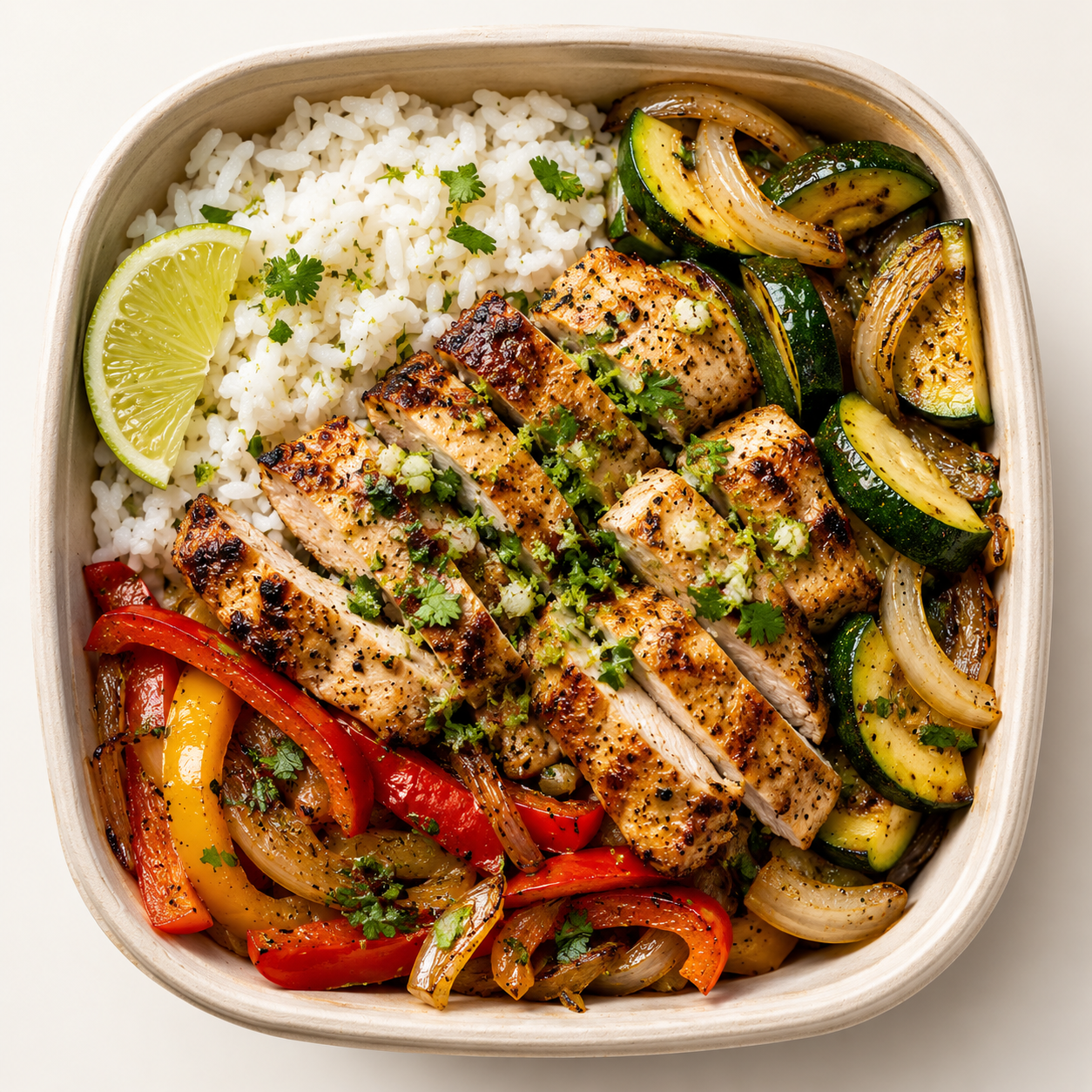 Garlic Lime Chicken Bowl (Jasmine Rice-Zucchini-Onions-Peppers)