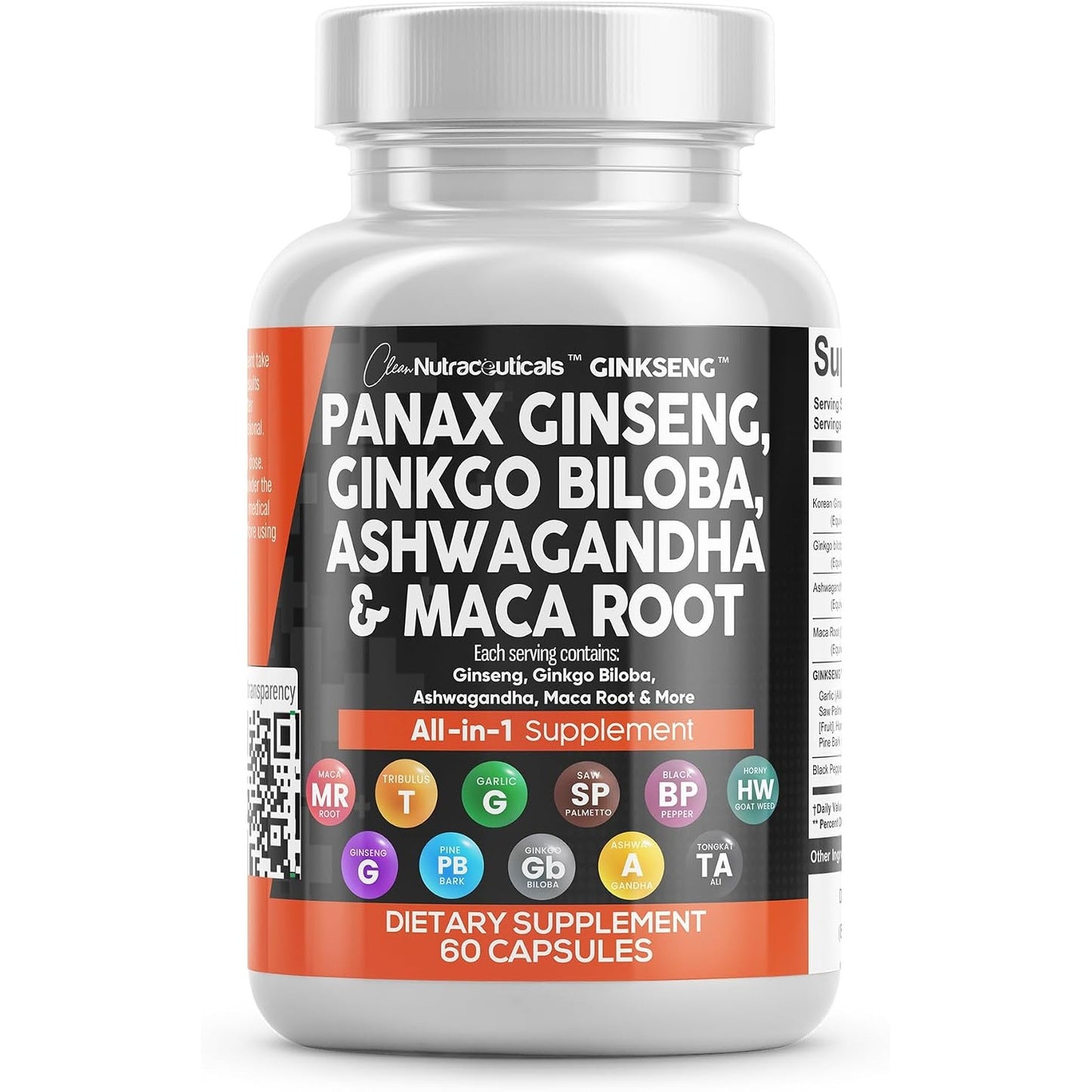 Clean Nutraceuticals Panax Ginseng Ginkgo Biloba Ashwagandha Maca Root - Focus Supplement Pills for Women and Men with Pine Bark Extract, Garlic, and Saw Palmetto - 60 Caps