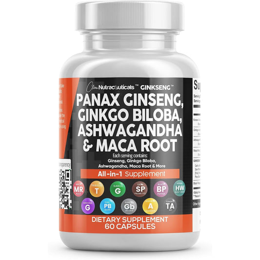 Clean Nutraceuticals Panax Ginseng Ginkgo Biloba Ashwagandha Maca Root - Focus Supplement Pills for Women and Men with Pine Bark Extract, Garlic, and Saw Palmetto - 60 Caps