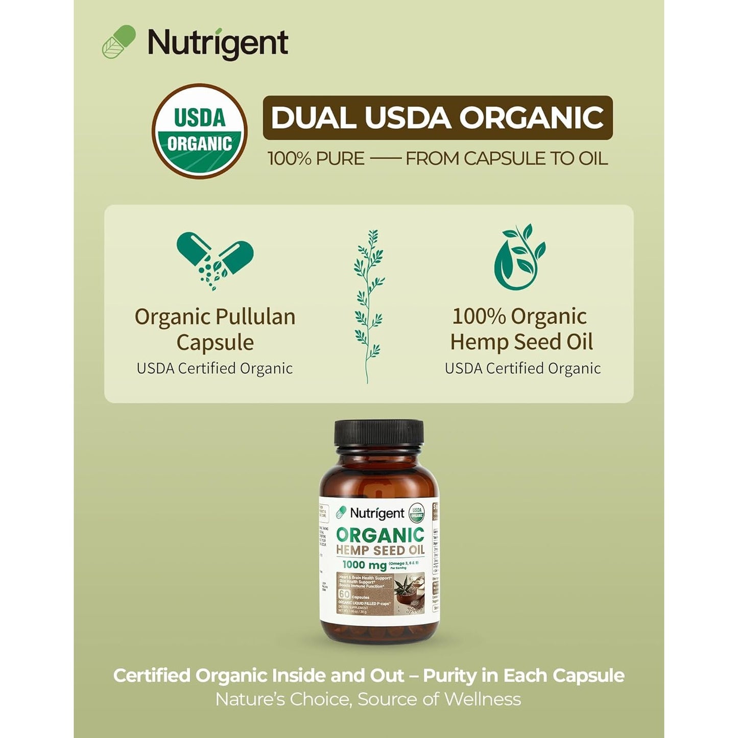 USDA Organic Hemp Seed Oil 1000mg Plant-Based Liquid Capsules | Cold-Pressed, Rich in Omega-3 & 6, 100% Pure Seed Oil, Easy-to-Swallow, 60 Ct, No Unnecessary Ingredients, Made in USA