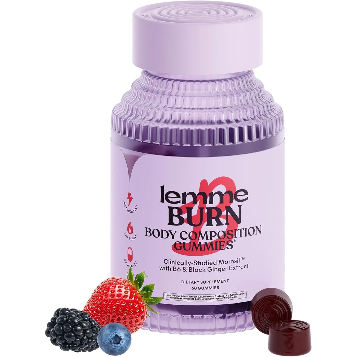 Lemme Burn Belly Fat & Metabolism Gummies for Women, 30-Day Supply | Clinically Studied Morosil, Black Ginger, B6, B12, Chromium, Vegan, Gluten-Free, Berry Flavor