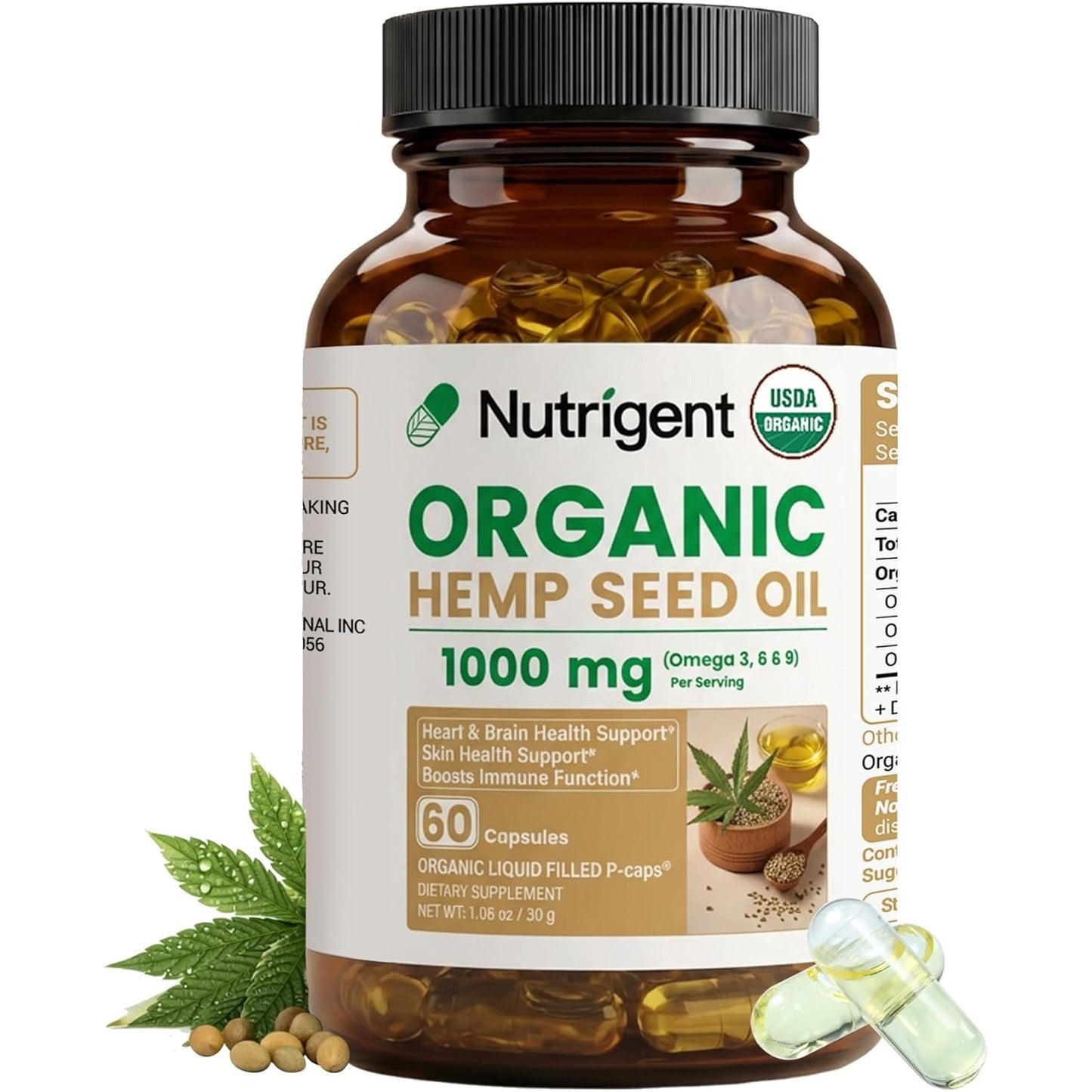USDA Organic Hemp Seed Oil 1000mg Plant-Based Liquid Capsules | Cold-Pressed, Rich in Omega-3 & 6, 100% Pure Seed Oil, Easy-to-Swallow, 60 Ct, No Unnecessary Ingredients, Made in USA