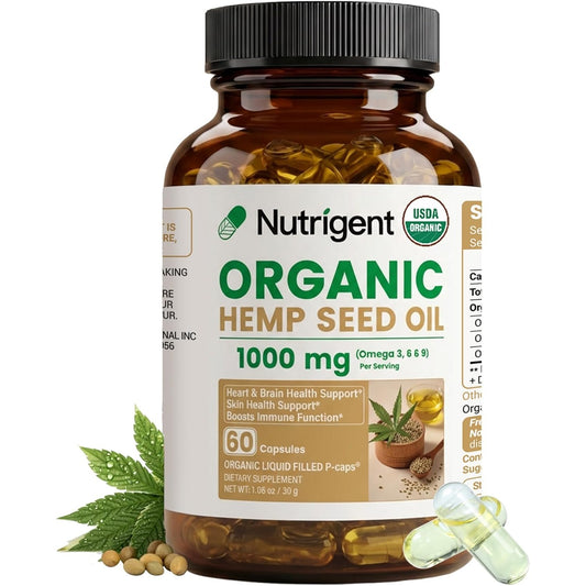 USDA Organic Hemp Seed Oil 1000mg Plant-Based Liquid Capsules | Cold-Pressed, Rich in Omega-3 & 6, 100% Pure Seed Oil, Easy-to-Swallow, 60 Ct, No Unnecessary Ingredients, Made in USA