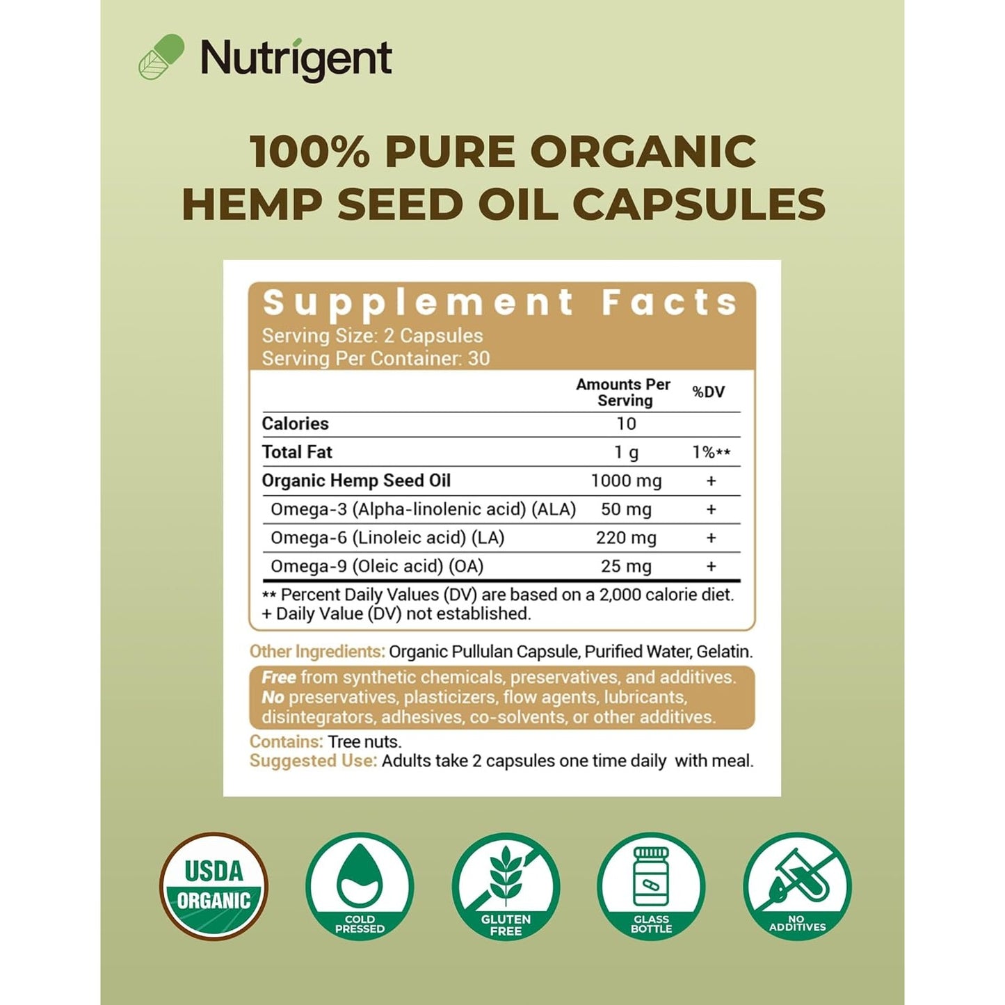 USDA Organic Hemp Seed Oil 1000mg Plant-Based Liquid Capsules | Cold-Pressed, Rich in Omega-3 & 6, 100% Pure Seed Oil, Easy-to-Swallow, 60 Ct, No Unnecessary Ingredients, Made in USA
