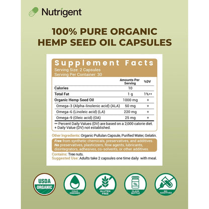 USDA Organic Hemp Seed Oil 1000mg Plant-Based Liquid Capsules | Cold-Pressed, Rich in Omega-3 & 6, 100% Pure Seed Oil, Easy-to-Swallow, 60 Ct, No Unnecessary Ingredients, Made in USA