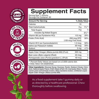 Apple Cider Vinegar Gummies with Mother - Cleanse & Detox ACV Gummies for Weight Loss, Gut Health, Bloating, Metabolism & Energy Support - ACV with Mother with B12 Vitamin, B6 & Pomegranate - 60 Ct