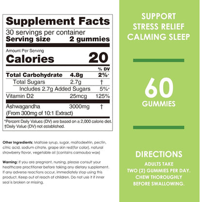 Nature's Key Ashwagandha Gummies, 3000mg High Potency Ashwagandha Root Extract with Vitamin D2, Stress, Calm Mood & Cognition, for Men & Women, Strawberry Flavor (60 Count (Pack of 1)