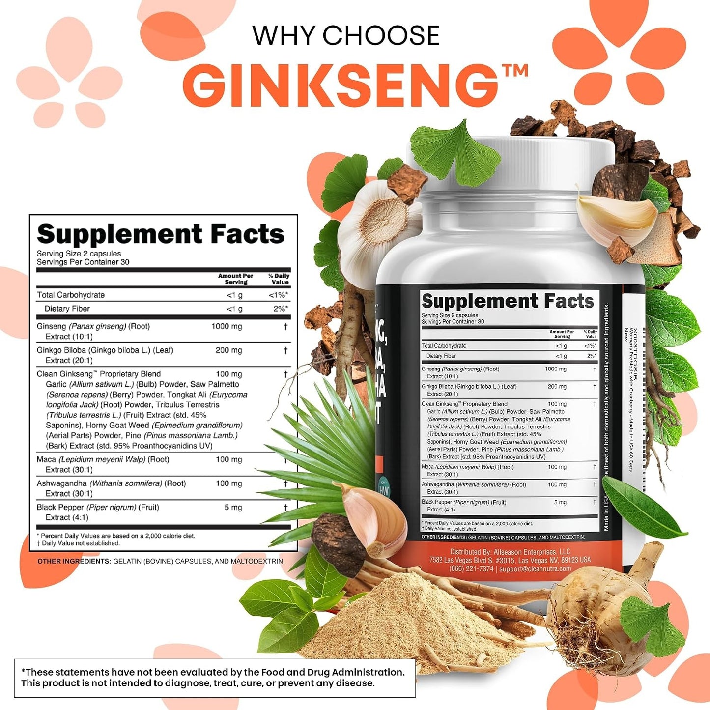 Clean Nutraceuticals Panax Ginseng Ginkgo Biloba Ashwagandha Maca Root - Focus Supplement Pills for Women and Men with Pine Bark Extract, Garlic, and Saw Palmetto - 60 Caps