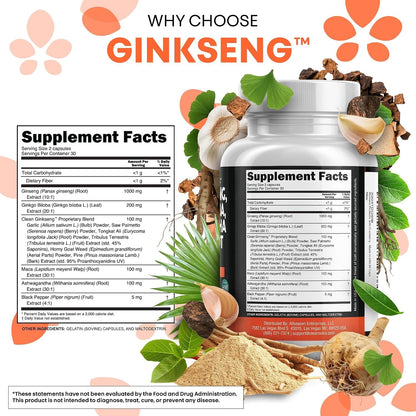 Clean Nutraceuticals Panax Ginseng Ginkgo Biloba Ashwagandha Maca Root - Focus Supplement Pills for Women and Men with Pine Bark Extract, Garlic, and Saw Palmetto - 60 Caps