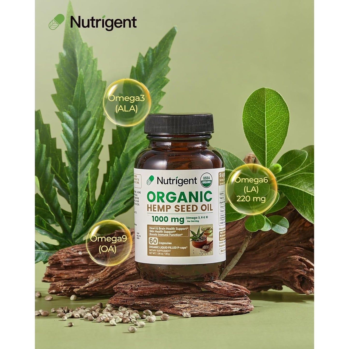 USDA Organic Hemp Seed Oil 1000mg Plant-Based Liquid Capsules | Cold-Pressed, Rich in Omega-3 & 6, 100% Pure Seed Oil, Easy-to-Swallow, 60 Ct, No Unnecessary Ingredients, Made in USA