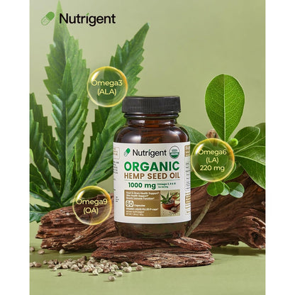 USDA Organic Hemp Seed Oil 1000mg Plant-Based Liquid Capsules | Cold-Pressed, Rich in Omega-3 & 6, 100% Pure Seed Oil, Easy-to-Swallow, 60 Ct, No Unnecessary Ingredients, Made in USA