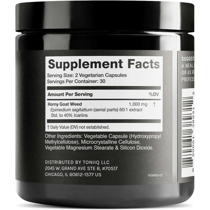 Toniiq Super Strength Horny Goat Weed for Men & Women | Epimedium sagittatum—40% Icariins—60:1 Concentrated Extract—Third-Party Tested—Premium Horny Goat Weed for Men—60 Caps