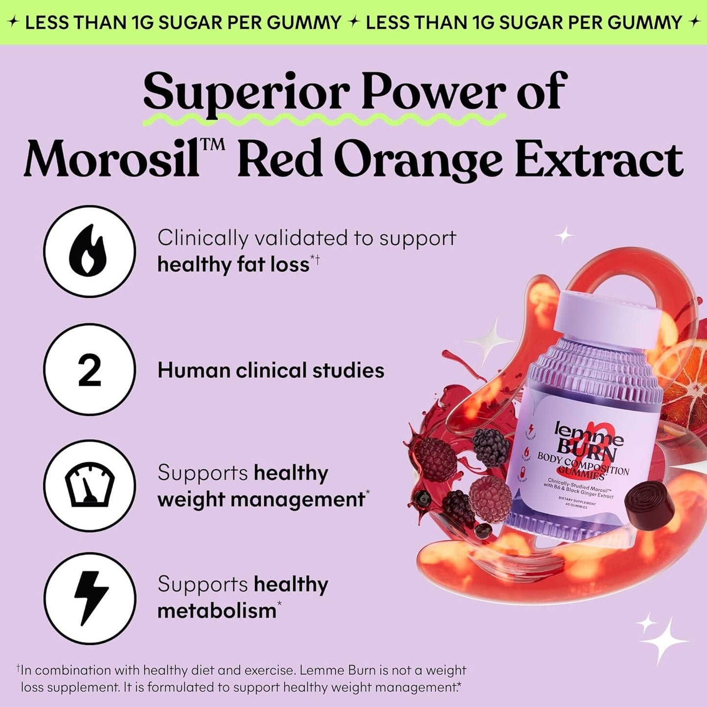 Lemme Burn Belly Fat & Metabolism Gummies for Women, 30-Day Supply | Clinically Studied Morosil, Black Ginger, B6, B12, Chromium, Vegan, Gluten-Free, Berry Flavor
