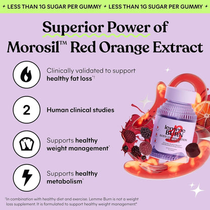 Lemme Burn Belly Fat & Metabolism Gummies for Women, 30-Day Supply | Clinically Studied Morosil, Black Ginger, B6, B12, Chromium, Vegan, Gluten-Free, Berry Flavor