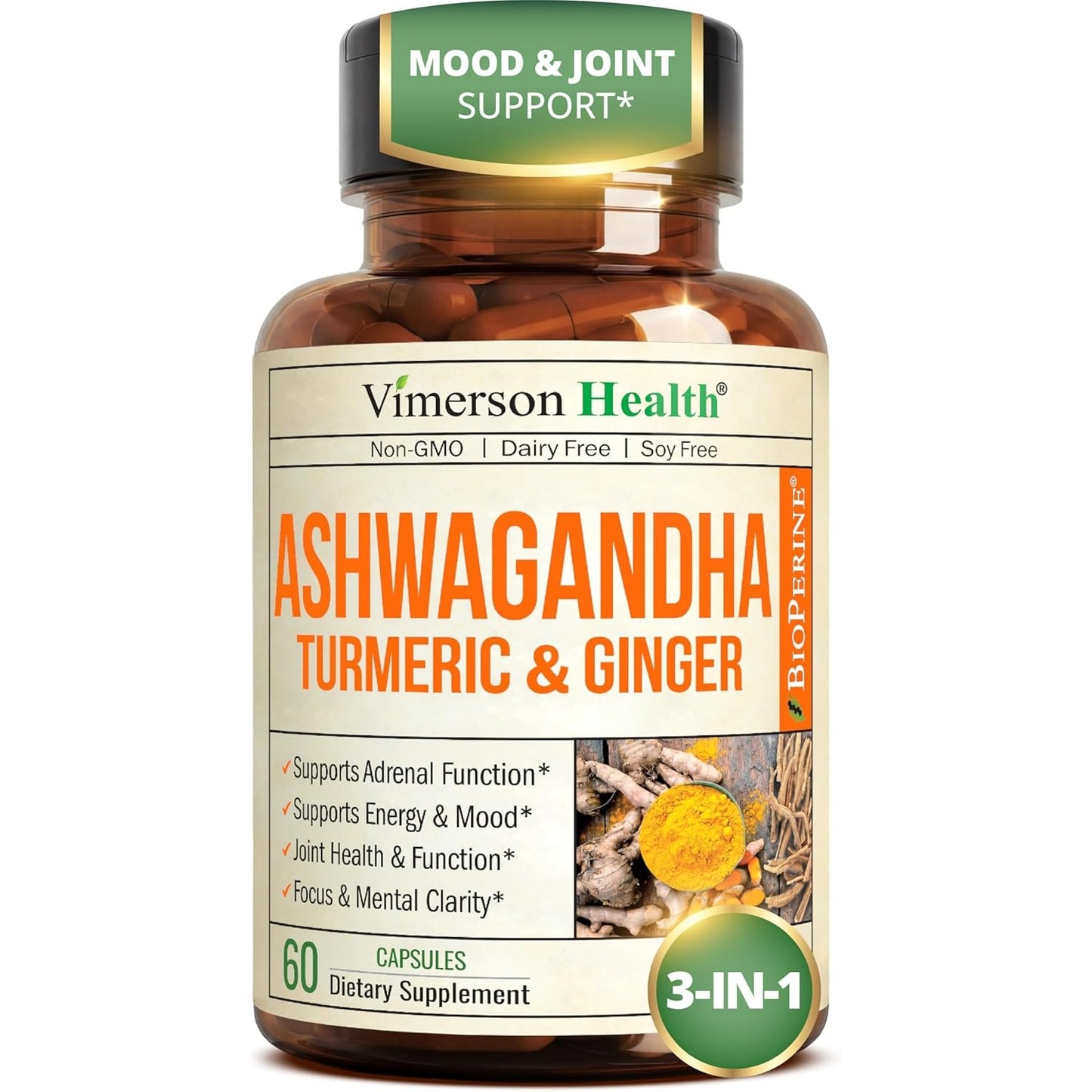Ashwagandha Capsules for Energy, Mood and Joint Health – All-in-One Formula with Ashwagandha, Turmeric, Ginger Root & Black Pepper for Enhanced Absorption– Ashwagandha for Women & Men – 60 Count