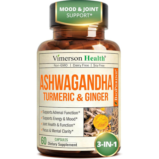 Ashwagandha Capsules for Energy, Mood and Joint Health – All-in-One Formula with Ashwagandha, Turmeric, Ginger Root & Black Pepper for Enhanced Absorption– Ashwagandha for Women & Men – 60 Count