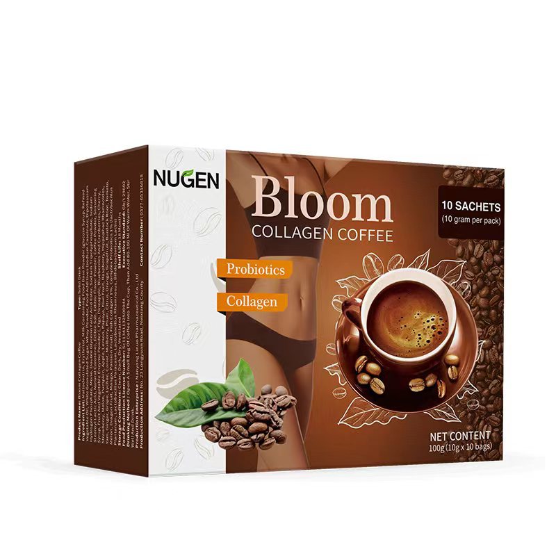 Pre-Order! Slimming Instant Coffee in Chocolate Flavor Neutral Taste Cream Bitter Sugar Glutenin Collagen Bloom White Powder Box Packaging