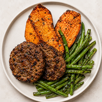 2x Burgers-String Beans-Sweet Potatoes