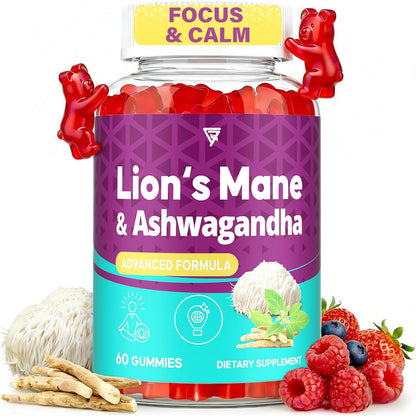 Organic Ashwagandha Gummies & Lions Mane Gummies with 4 Adaptogens | Brain Supplements for Memory and Focus, Stress, Energy, Immune, Sleep| Cortisol Supplements for Women & Men, 60 Counts