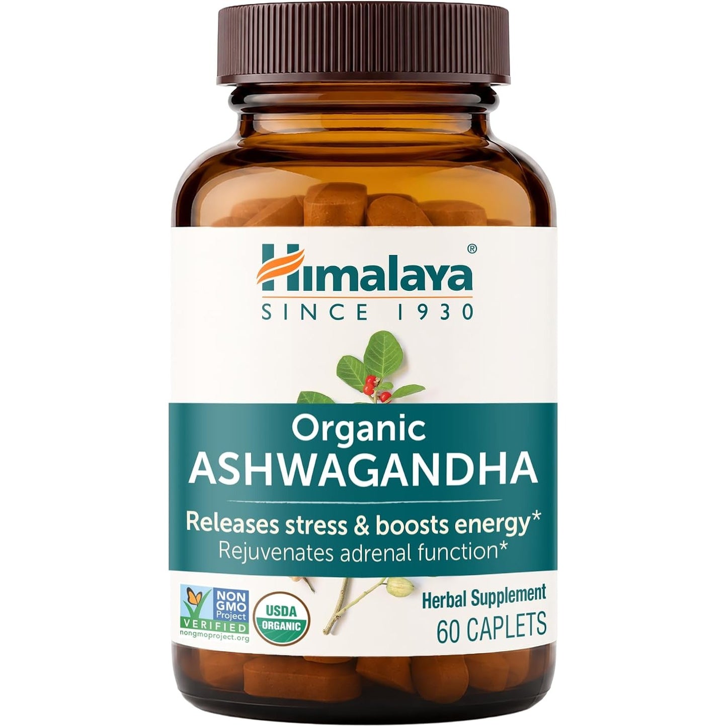 Himalaya USDA Organic Ashwagandha Root, 670 mg, 60 Day Supply, 60 Caplets