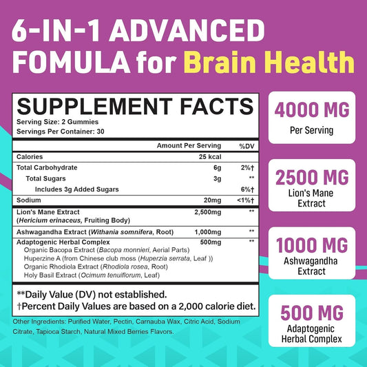 Organic Ashwagandha Gummies & Lions Mane Gummies with 4 Adaptogens | Brain Supplements for Memory and Focus, Stress, Energy, Immune, Sleep| Cortisol Supplements for Women & Men, 60 Counts