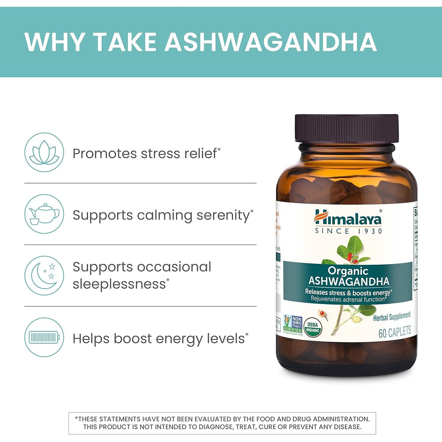 Himalaya USDA Organic Ashwagandha Root, 670 mg, 60 Day Supply, 60 Caplets