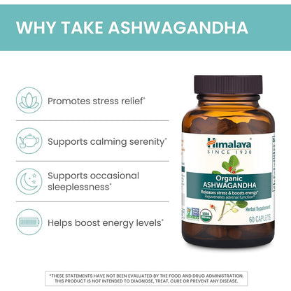 Himalaya USDA Organic Ashwagandha Root, 670 mg, 60 Day Supply, 60 Caplets