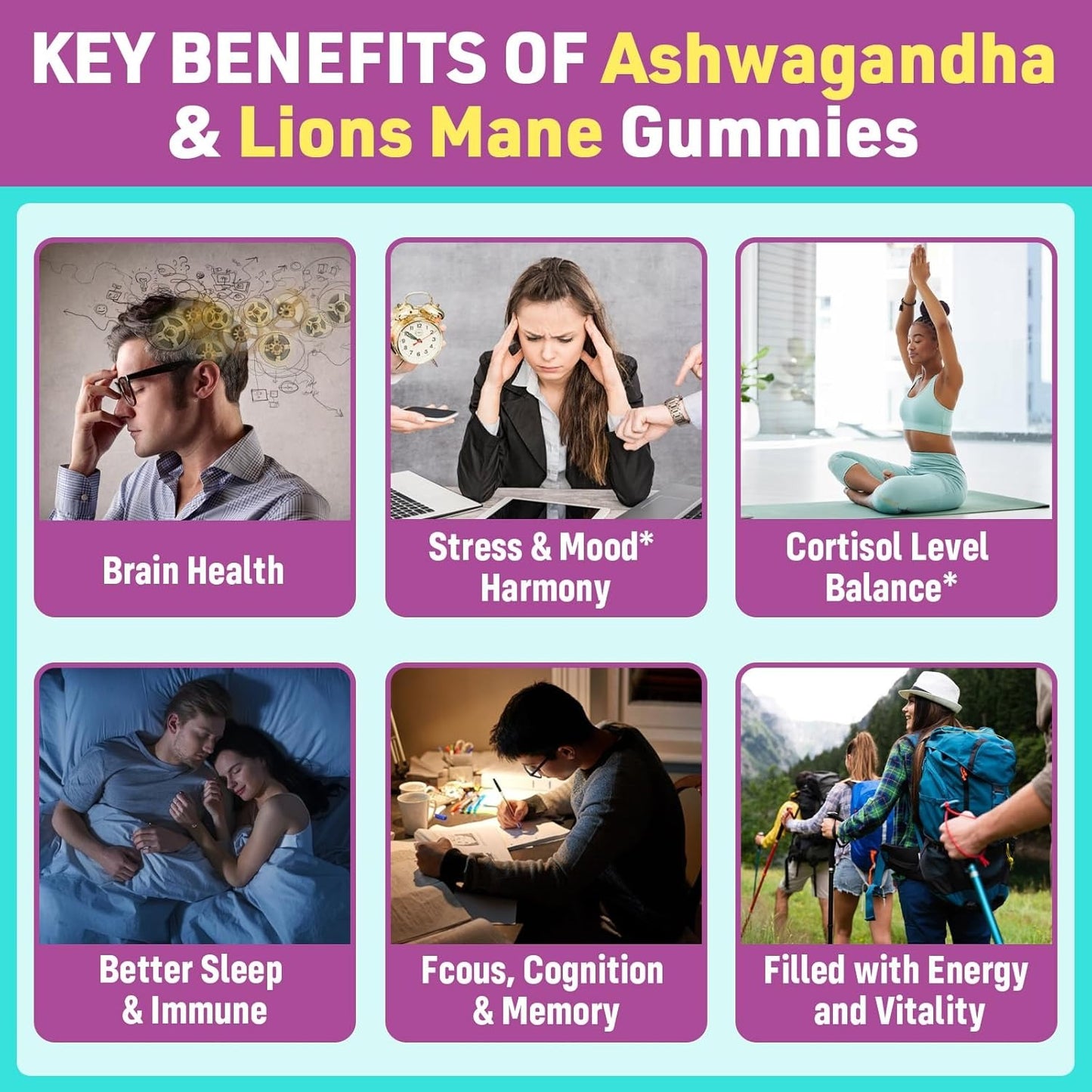 Organic Ashwagandha Gummies & Lions Mane Gummies with 4 Adaptogens | Brain Supplements for Memory and Focus, Stress, Energy, Immune, Sleep| Cortisol Supplements for Women & Men, 60 Counts
