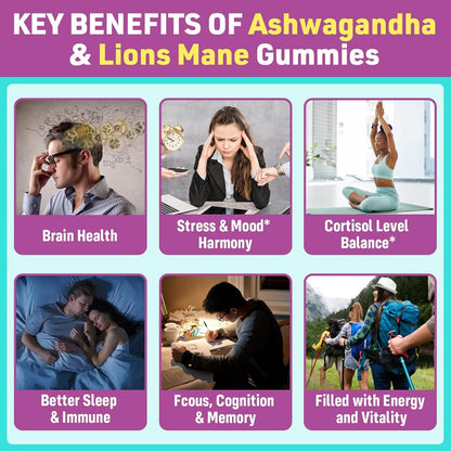 Organic Ashwagandha Gummies & Lions Mane Gummies with 4 Adaptogens | Brain Supplements for Memory and Focus, Stress, Energy, Immune, Sleep| Cortisol Supplements for Women & Men, 60 Counts