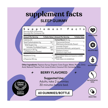 Lemme Sleep Gummies with 5mg Melatonin, 30-Day Supply | 5 mg Melatonin, Elderberry, Magnesium, L-Theanine, Chamomile, Lavender, Drug-Free Sleep Aid, Gluten & Gelatin Free, Non GMO