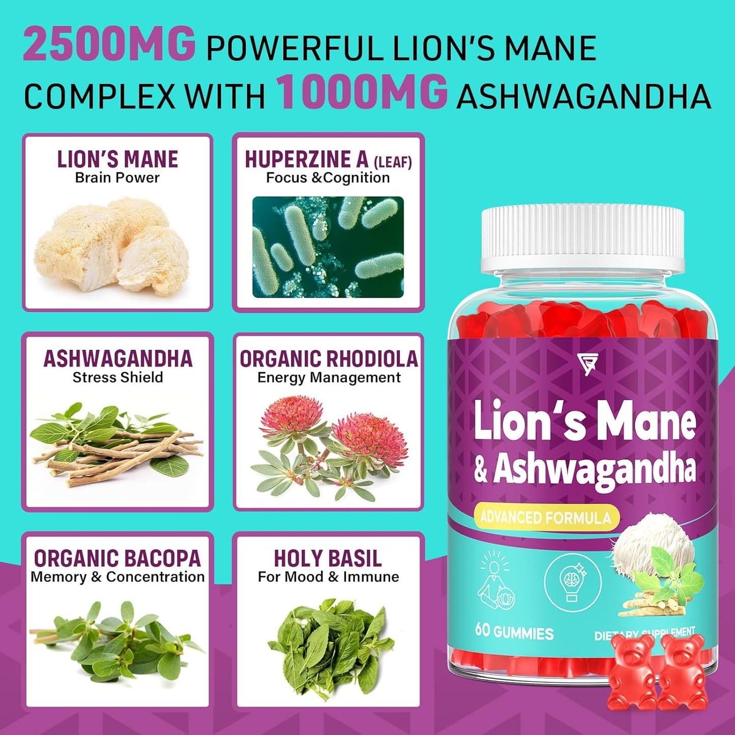 Organic Ashwagandha Gummies & Lions Mane Gummies with 4 Adaptogens | Brain Supplements for Memory and Focus, Stress, Energy, Immune, Sleep| Cortisol Supplements for Women & Men, 60 Counts