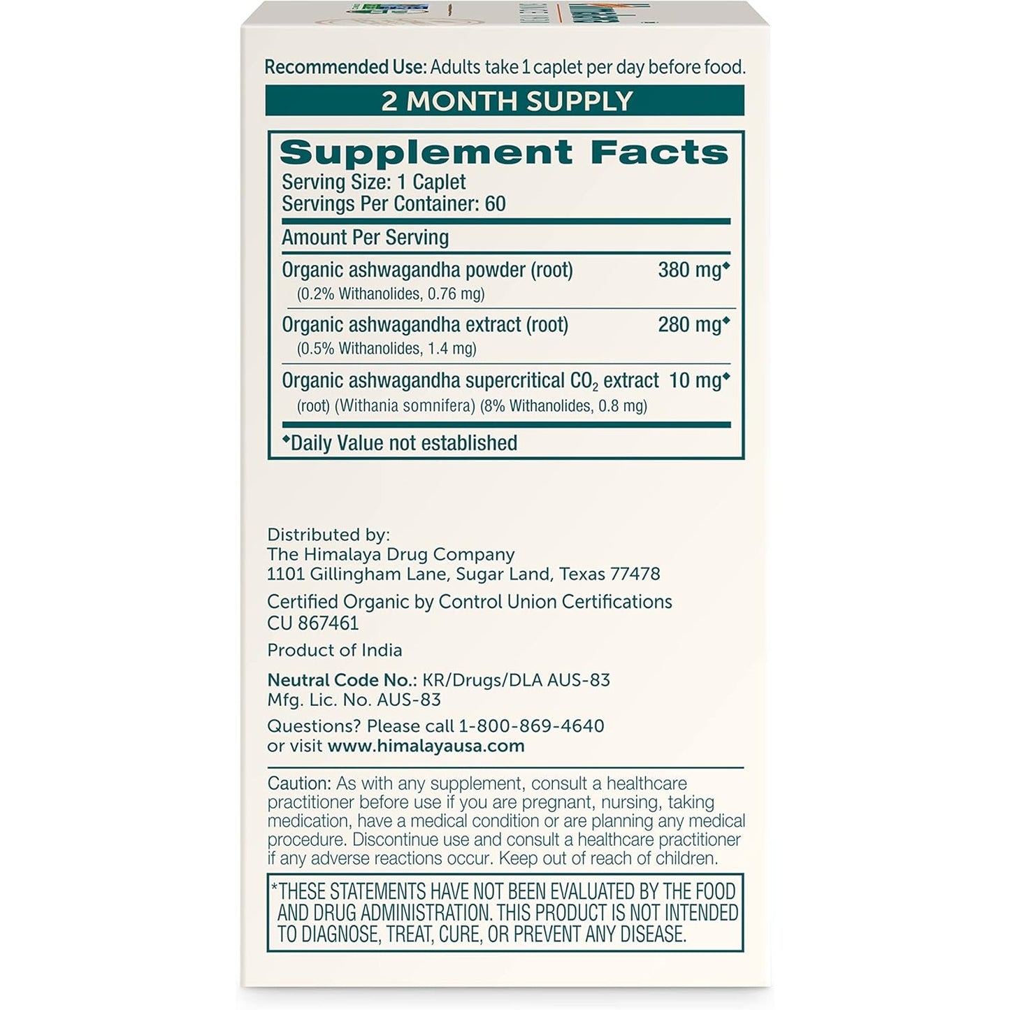 Himalaya USDA Organic Ashwagandha Root, 670 mg, 60 Day Supply, 60 Caplets