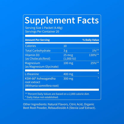 Nello Supercalm Powdered Drink Mix, Cortisol Reducer and Sleep Aid Supplement, L Theanine, Ksm-66 Ashwagandha, Magnesium Glycinate, Vitamin D 3, No Sugar, Non GMO, On The Go, 20 Ct, Raspberry Lemonade