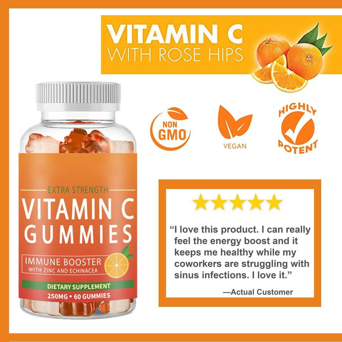 Pre-Order! Mint Flavored Orange Sour Vitamin C Gummies Hard Fruit-Infused Coated Candies 60 Count