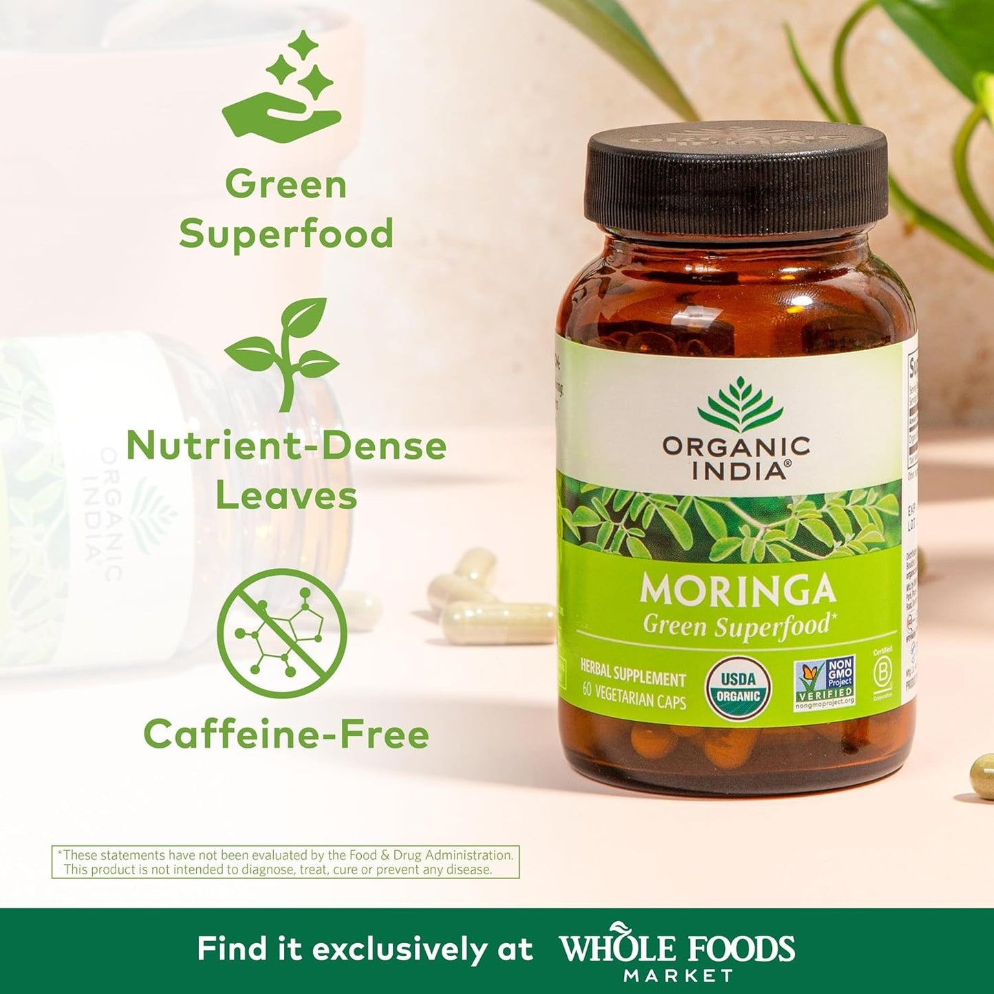 ORGANIC INDIA Moringa Capsules Organic - Moringa Leaf Supplement, Green Superfood Supplement, Pure Supergreen, Vegan Greens, Nature's Multivitamin, Vegan, Gluten-Free - 60 Capsules