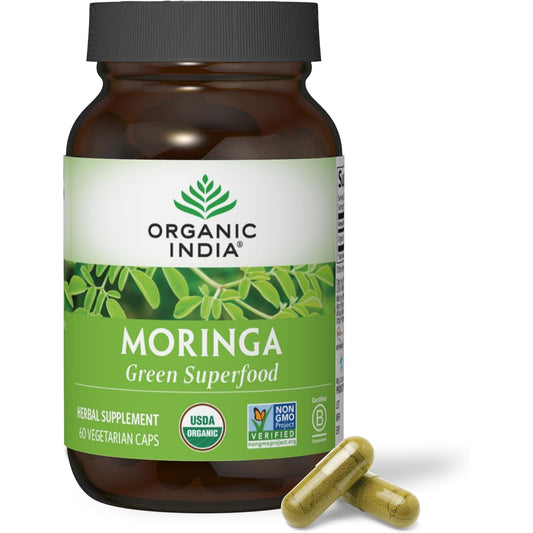 ORGANIC INDIA Moringa Capsules Organic - Moringa Leaf Supplement, Green Superfood Supplement, Pure Supergreen, Vegan Greens, Nature's Multivitamin, Vegan, Gluten-Free - 60 Capsules