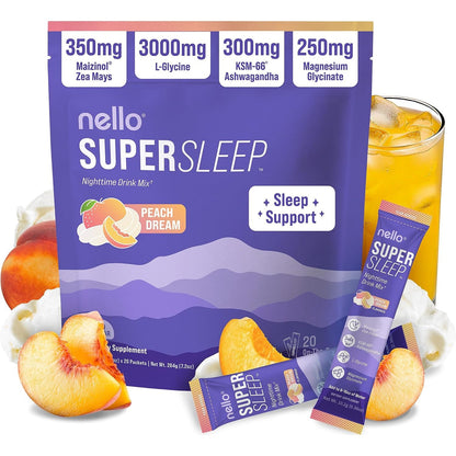 Nello Supersleep, Nighttime Sleep Support Drink Mix, Ashwagandha, Maizinol, L-Glycine, Magnesium Glycinate, Peach Dream (Pack of 20)